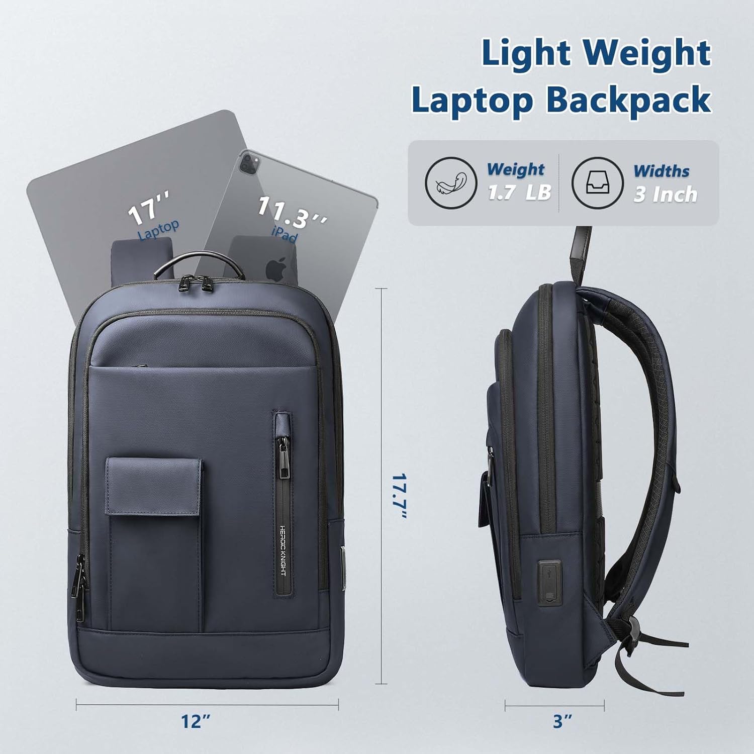 Slim Backpack for Men Women, 17.3 Inch Business Laptop Backpack with USB Charging Port, Lightweight Anti-theft Travel Computer Backpacks,Water-resistant Casual Daypack Bag for College Work Daily-Blue