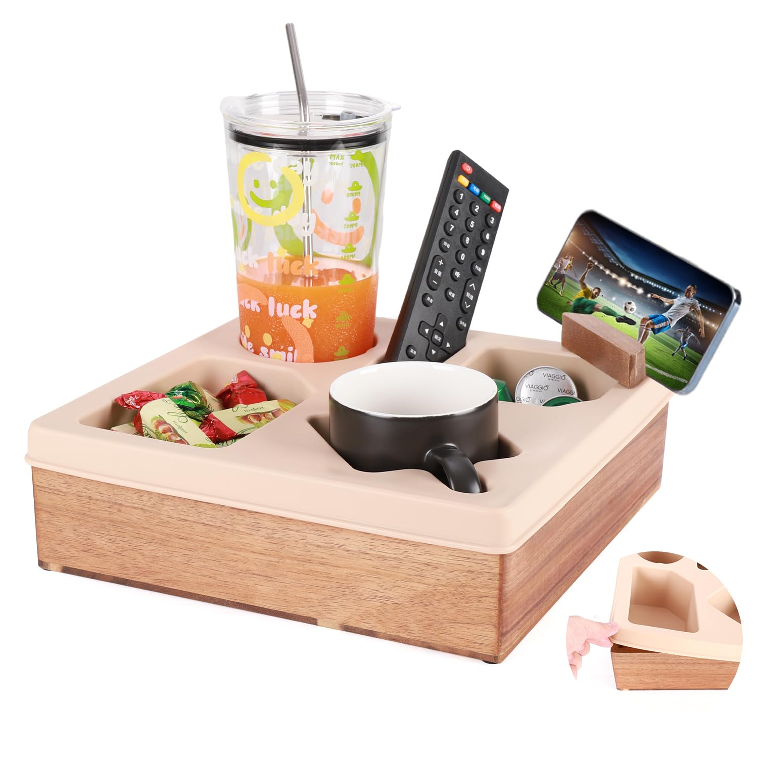 Couch Cup Holder Tray, Silicone Wooden Couch Caddy with Cup Holder for Snacks, Drinks, Remotes, Waterproof Cup Holder for Couch, Organizer, Couch