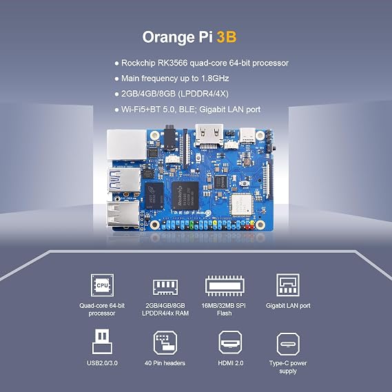 Orange Pi 3B 2GB/4GB/8GB LPDDR4/4X Rockchip RK3566 4-Core 64-Bit Single Board Computer with eMMC Socket, WiFi 5 and Bluetooth 5.0, Development Board Run Linux/Ubuntu/Debian/Android
