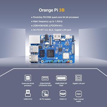 Orange Pi 3B 2GB/4GB/8GB LPDDR4/4X Rockchip RK3566 4-Core 64-Bit Single Board Computer with eMMC Socket, WiFi 5 and Bluetooth 5.0, Development Board Run Linux/Ubuntu/Debian/Android