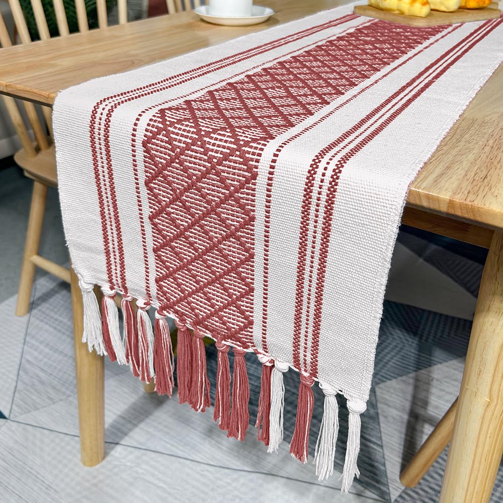 Nappe en coton et lin rouge 350x35cm avec pompons, chemin de table à thé et drapeau de table
