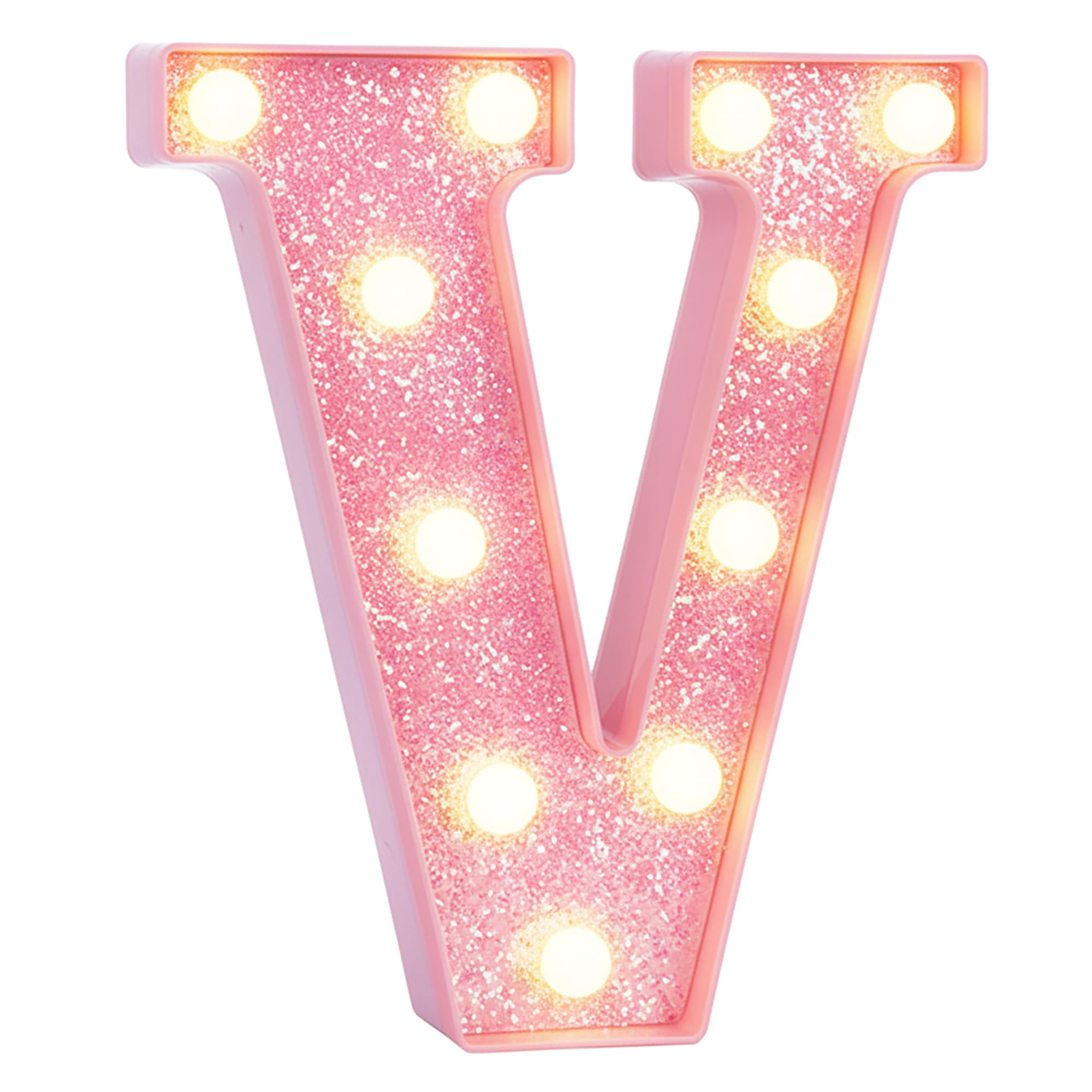 EUFONY Pink Marquee Light Up Letters, Glitter Alphabet LED Letter Lights for Pink Birthday Party Decorations, Battery Operated Letter Sign for Girls Room Vanity Table Decor, Warm White Lights Letter V