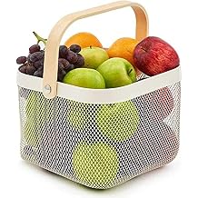 Wire Mesh Basket with Wooden Handles Fruit Basket Picnic Organizer for Living Room Kitchen Portable Fruit Basket Blue White