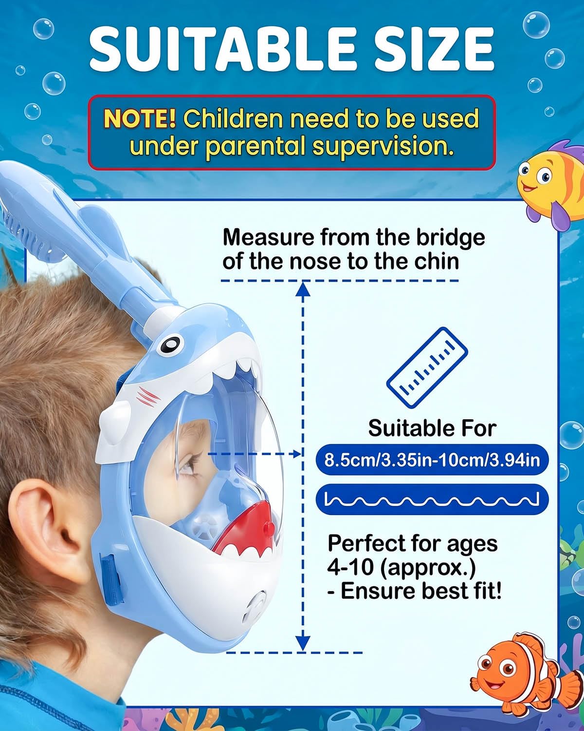 Maschera da snorkeling integrale per bambini, motivo squalo blu, progettata per bambini dai 5 ai 10 anni, visione ad alta definizione a 180°, anti-appannamento, anti-perdite e funzione Dry Top, per