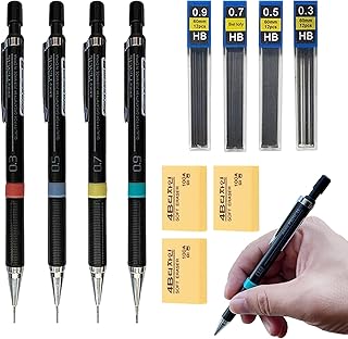 4Pcs Mechanical Pencil Set,Drawing Mechanical Pencil Set,with 4 Iead Mixing Set and 3 Erasers Automatic Core Feeding Smooth Writing for Artists Sketching Drawing Writing Drafting