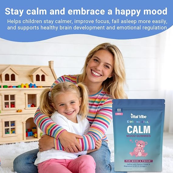 Calm Mood Gummies for Kids & Adults | Saffron, Passion Flower, Magnesium, Omega-3, B12 | Supports Mood & Focus | 60 Raspberry Flavour Gummies | Vegan & Gluten Free