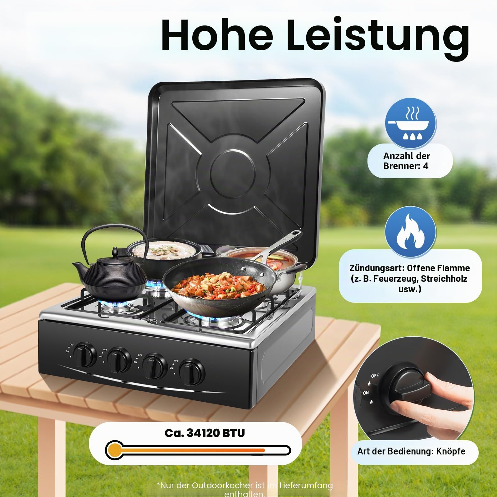 4-flammiger Gasherd, Einbau-Gasher für den Hausgebrauch, freistehender Gasherd mit 4 unabhängig voneinander regelbaren Kochstellen, ideal für Camping, Wohnmobile und den Hausgebrauch