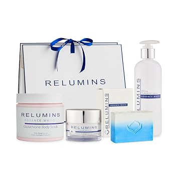 Relumins Advance Repair Body Set Exfoliating Scrub, Lotion, Soap, Day Cream Bundle - Glutathione Rosehip Argan Oil for Radiant Smooth Skin - Daily Care Routine, for a Glowing Summer Skin