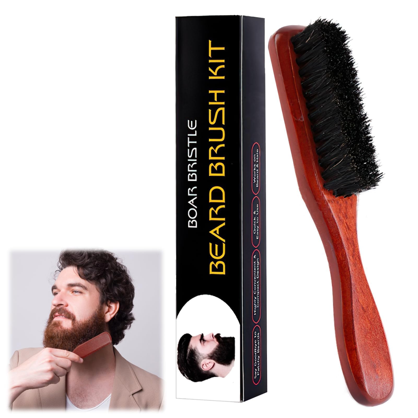 Brosse à cheveux et brosse à barbe en sanglier avec poils 100 % sanglier pour homme - Kit de soin de la barbe pour homme - Poils naturels pour cheveux fins et fins - Manche en bois de poire
