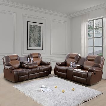 Manual Recliner Sofa and Loveseat, Bonded Leather Couch Set with Recliners, Reclining Sofa with Storage Console for Living Room/House/Bedroom/Office/Apartment Brown / 2 Pieces Set