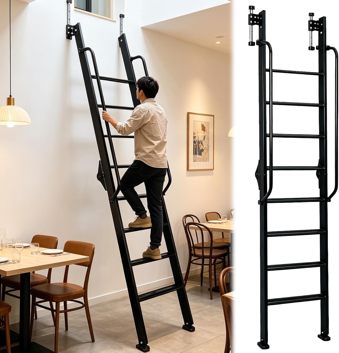 8.2FT Industrial Style Loft Ladder, with Double Handrails, Library Ladder, 1100LBS Capacity, Carbon Steel Attic Loft Stairs, Portable Step Ladder for Home Library Warehouse (Black, 8.2FT - 8Steps)