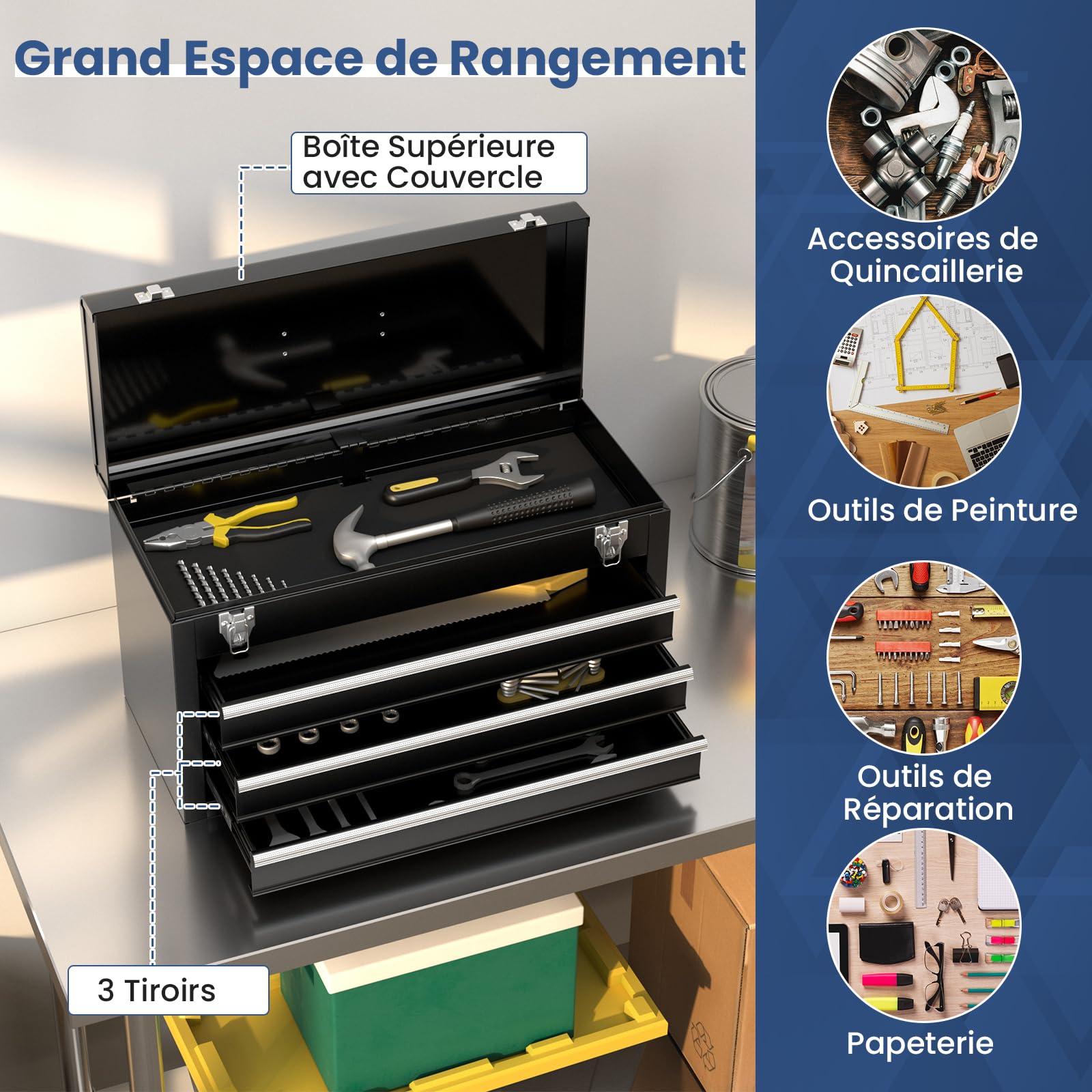 GYMAX Boîte à Outils en Métal avec 3 Tiroirs et Plateau Supérieur | Caisse à Rangeme Portable, 2 Loquets de Sécurité, Doublures en EVA et Glissières à Roulements à Billes, Poignée de Transport