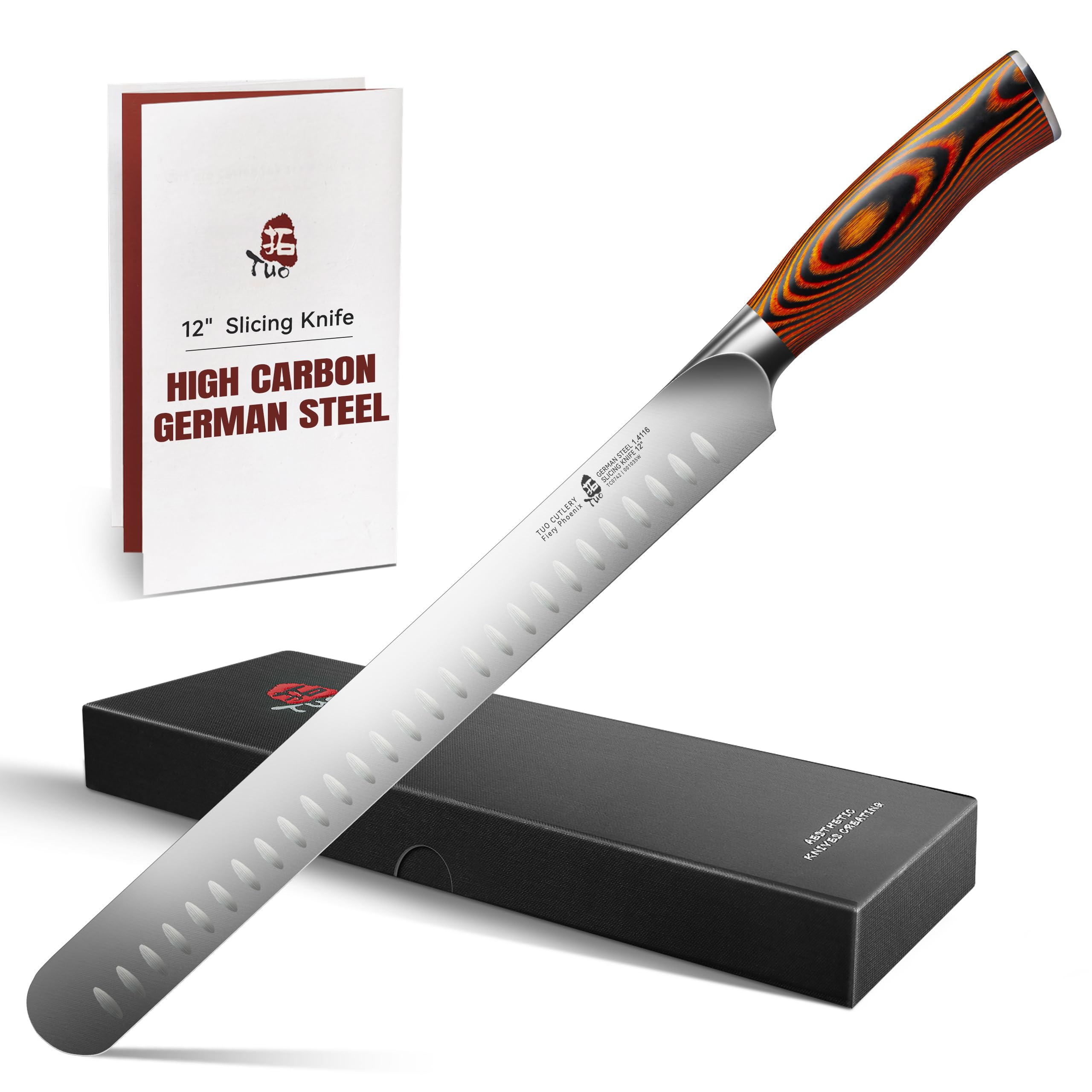 TUO Carving Knife, 12 inch Brisket Knife for Cutting Meat, Slicing Through Roast & Bacon, Sharp German Steel, Ergo Pakkawood Handle, BBQ Gifts for Men