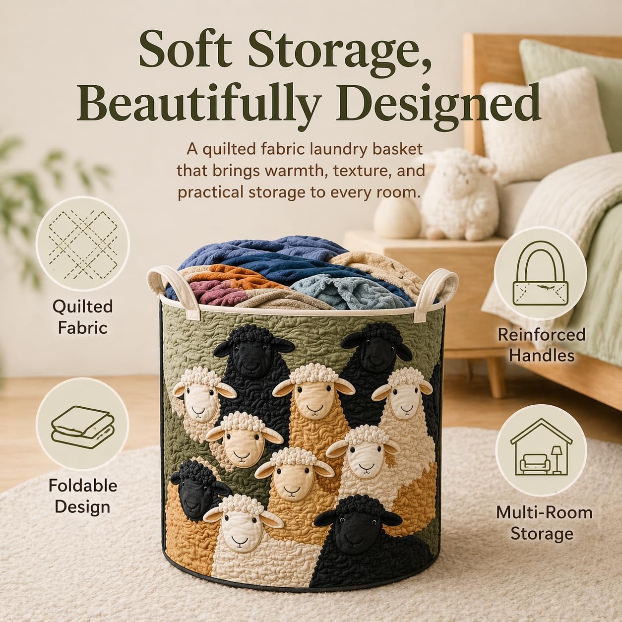Quilted Laundry Basket with Handles, Boho Floral Fabric Storage Basket, Foldable Lightweight Hamper for Clothes, Toys, Bedroom, Nursery, Laundry Room (Style-4, L: 20" x 28")