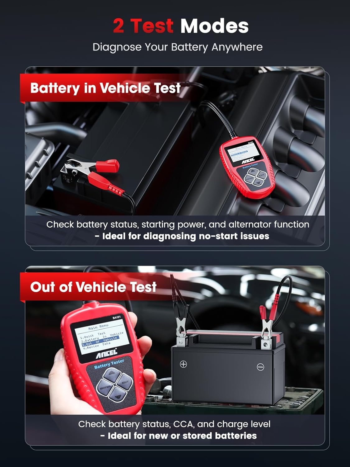 ANCEL BA101 Car Battery Tester, 12V Digital Automotive Alternator Meter Diagnostic Tool,100-2000 CCA Load Capacity, Charging & Cranking Analyzer for Truck, Boat, RV, Marine Vehicle, and More