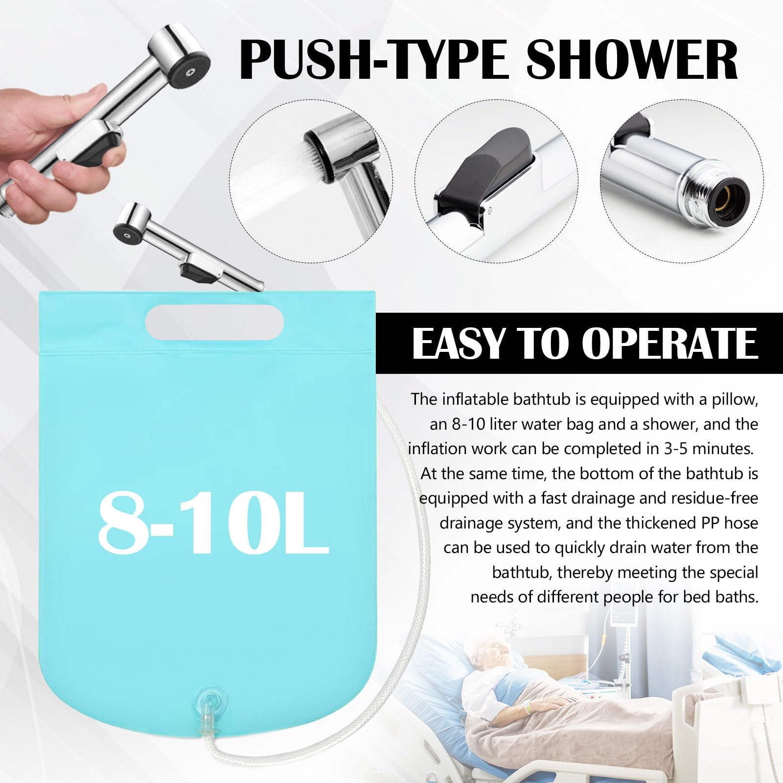 Vasca per Doccia, Vasca da Bagno Gonfiabile, Set Vasca da Bagno Doccia Gonfiabile Medica, Sistema Doccia Portatile sul Comodino, Sistema Doccia con Pompa per Anziani/Disabili/Costretti a Letto