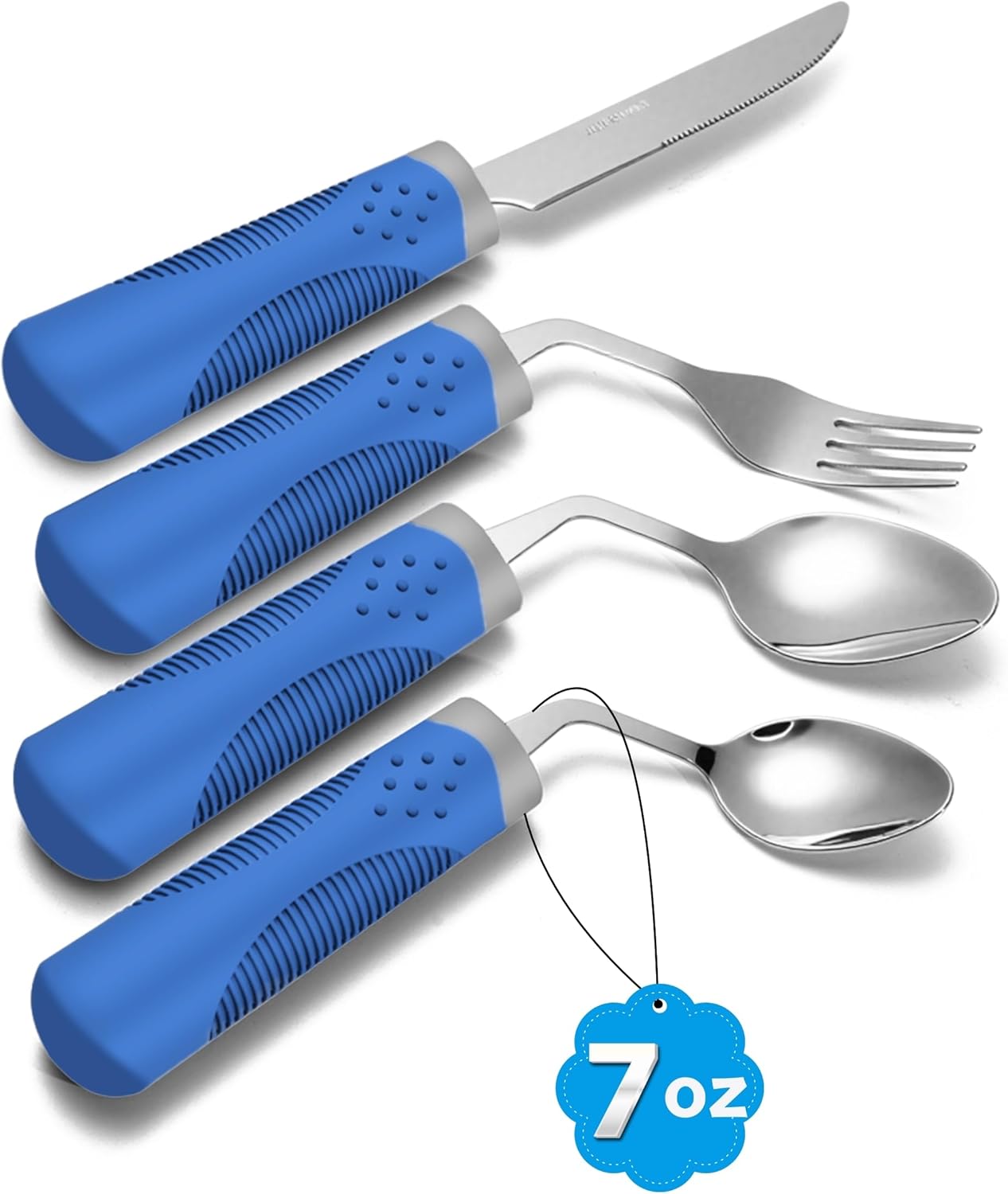 Adaptive Utensils (4-Piece Set) Weighted 7 oz - 42° Angled Utensils for Parkinson's Patients, Hand Tremors, Arthritis & Elderly - Eating Utensils for Elderly (Blue: Left Handed)