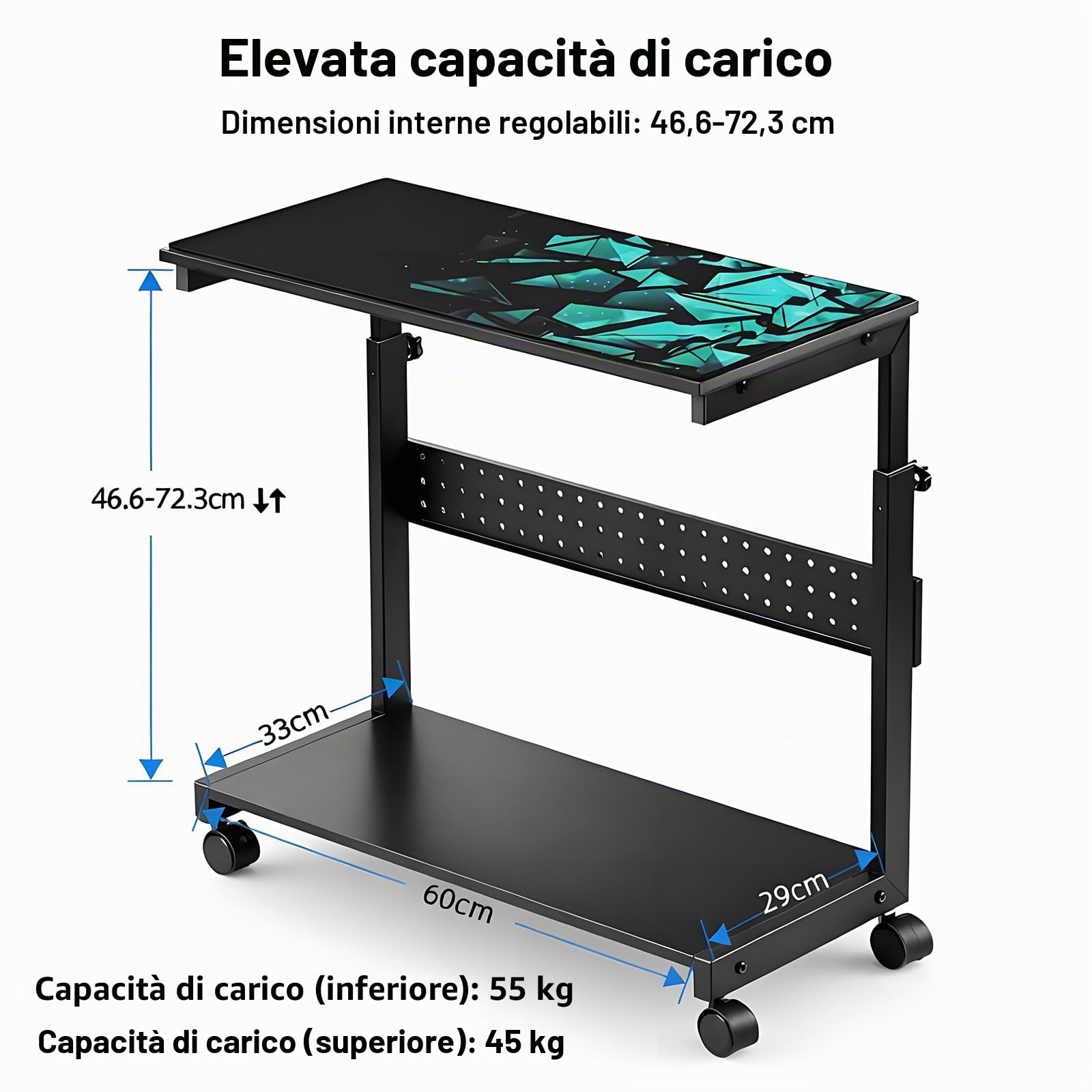Supporto per PC da posizionare sotto la scrivania, supporto a due ripiani regolabile in altezza con rotelle, supporto metallico resistente per case ATX fino a 55 kg
