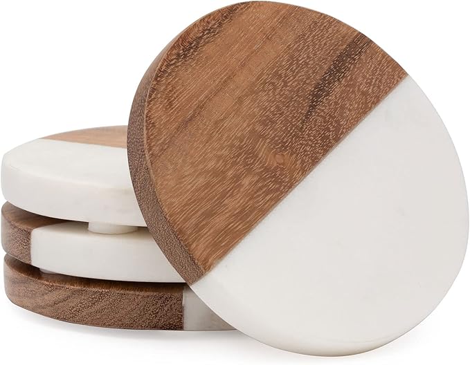 Thirstystone 4 Pack Natural Marble & Acacia Wood Round Coasters 4" Elegant Heat Tolerant Protects Surfaces