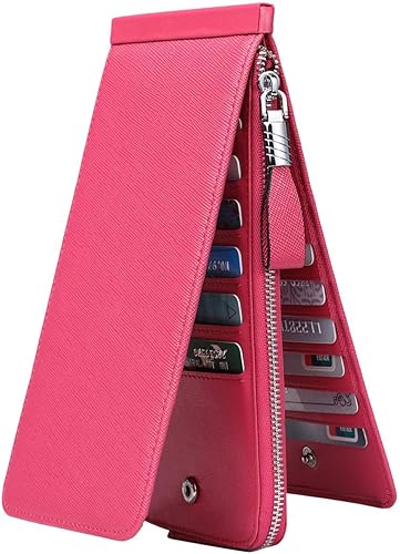 Cartera de piel auténtica para mujer, con cremallera larga con cremallera RFID