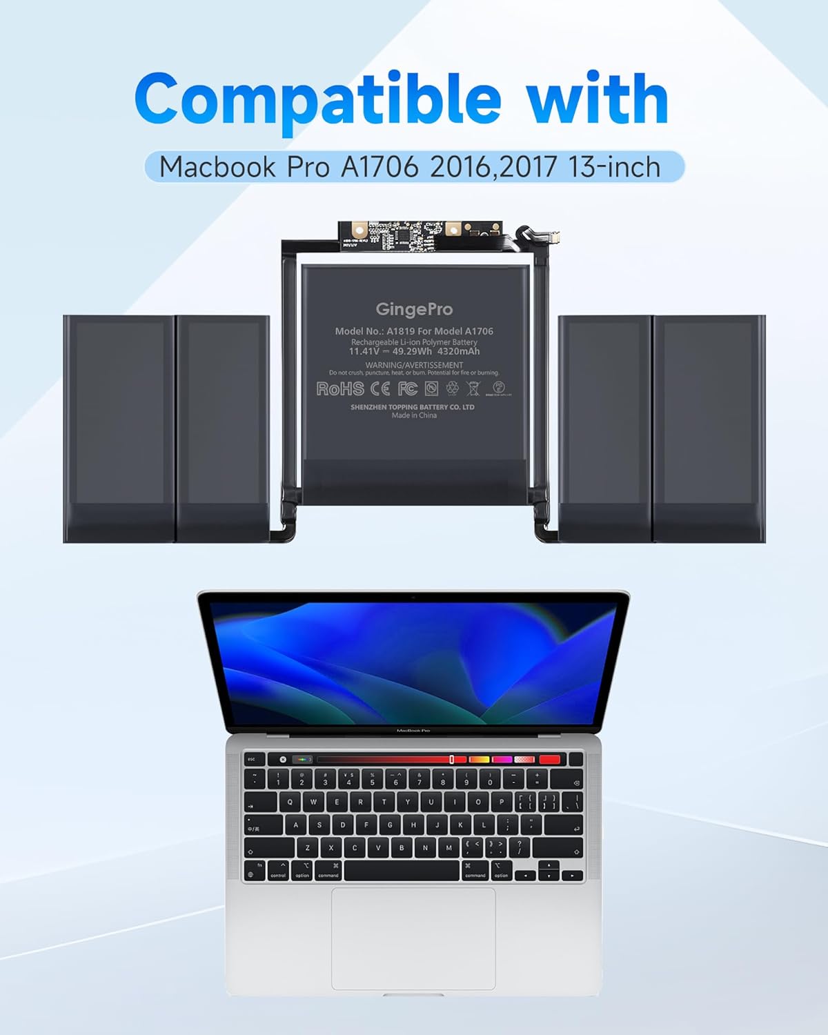 Battery Replacement for MacBook Pro A1706 13-inch (2016, 2017) A1819 Battery