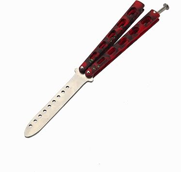 Practice Butterfly Knife, Bladeless Safety for Practice, Training Fun, Spring Lock, Red Skull Pattern