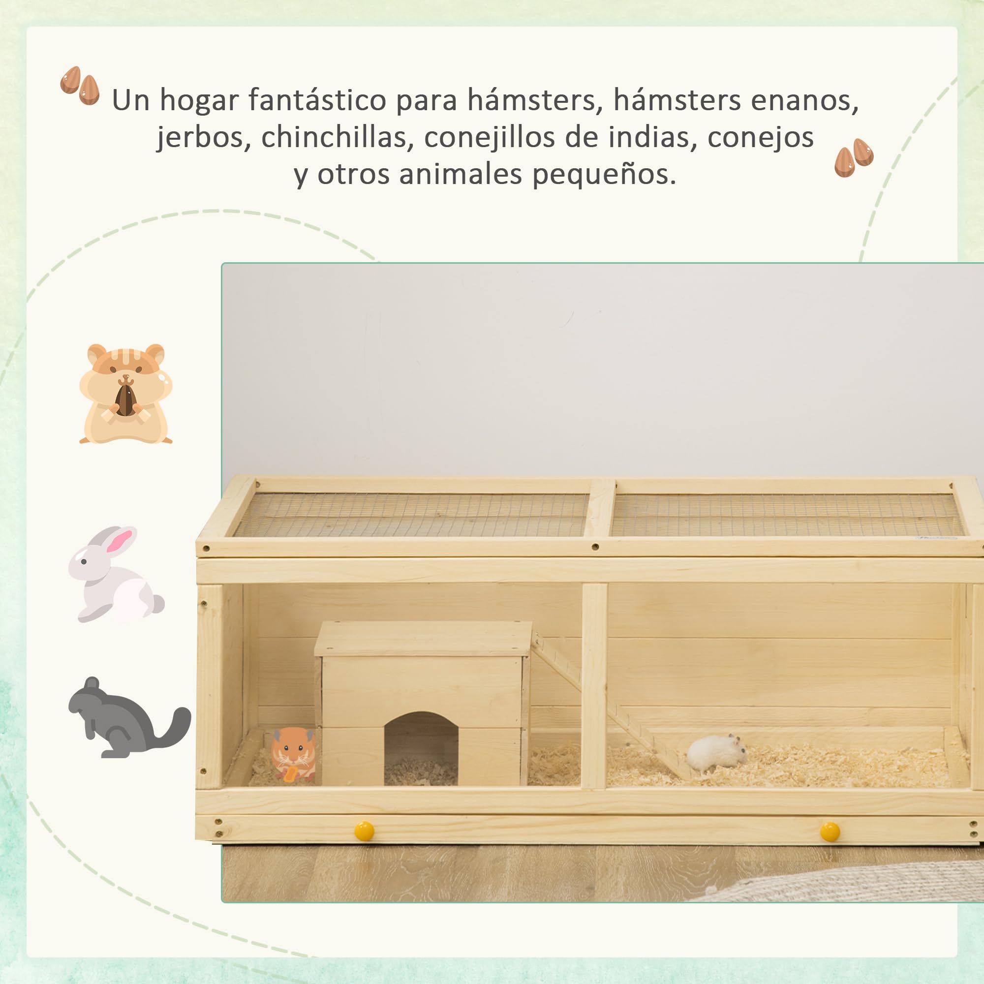 PawHut Jaula para Hámster con Panel de Acrílico 100x58x38 cm Casa para Hamsters de Madera con Tapa Abatible Bandeja Extraíble y Nido para Chinchillas Conejos Natural