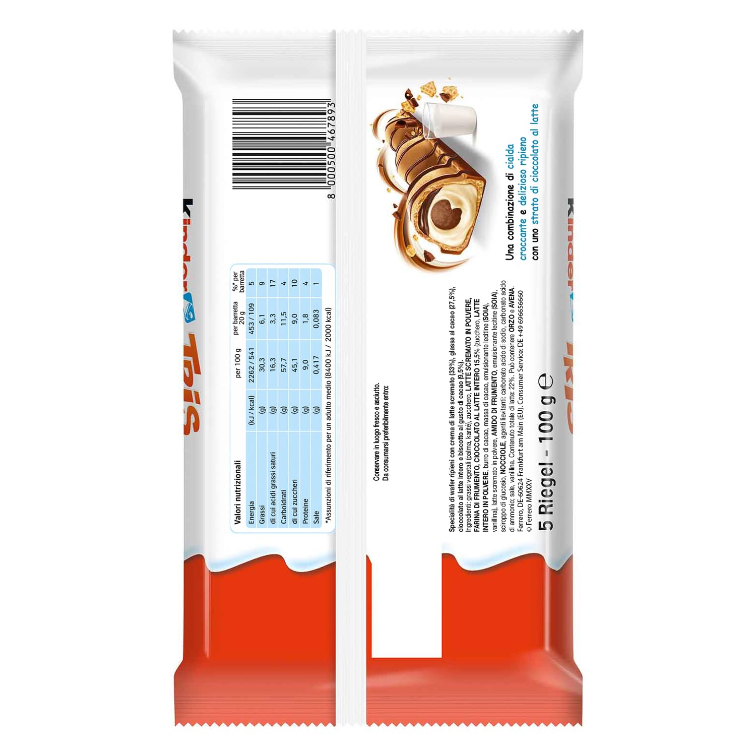 6X Tris Snack Wafer e Crema al Latte e Cacao 100g (5 Barrette) per kinder – Merendina Croccante Kinder con Ripieno Cremoso, Snack Dolce Perfetto per Pausa e Colazione