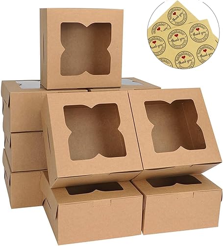 Miniatura 7 de KINREE 6 x 6 x 3  Pequeñas cajas de panadería con ventana-marrón-cajas de galletas, cajas de regalo de kraft-cajas de embutidos, caja para