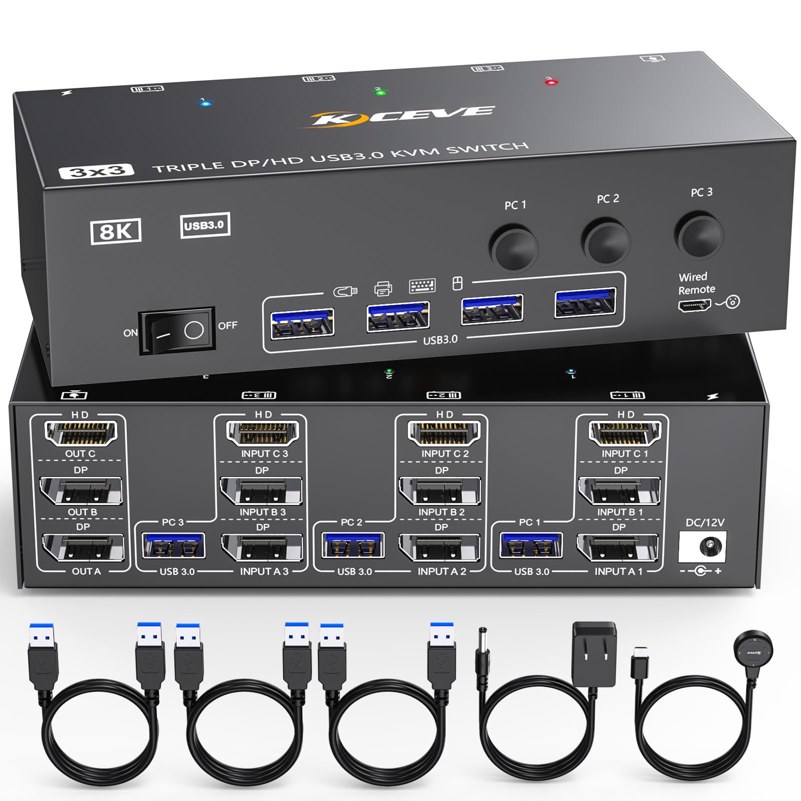View 1 of **SEE NOTES** KVM Switch 3 Monitors 3 Computers HDMI + DisplayPort, KCEVE 8K USB 3.0 DP KVM Switcher, 8K@30Hz/4k@144Hz Triple Monitor DP KVM for 3 PC Share 3 Display and 4 USB 3.0 Devices