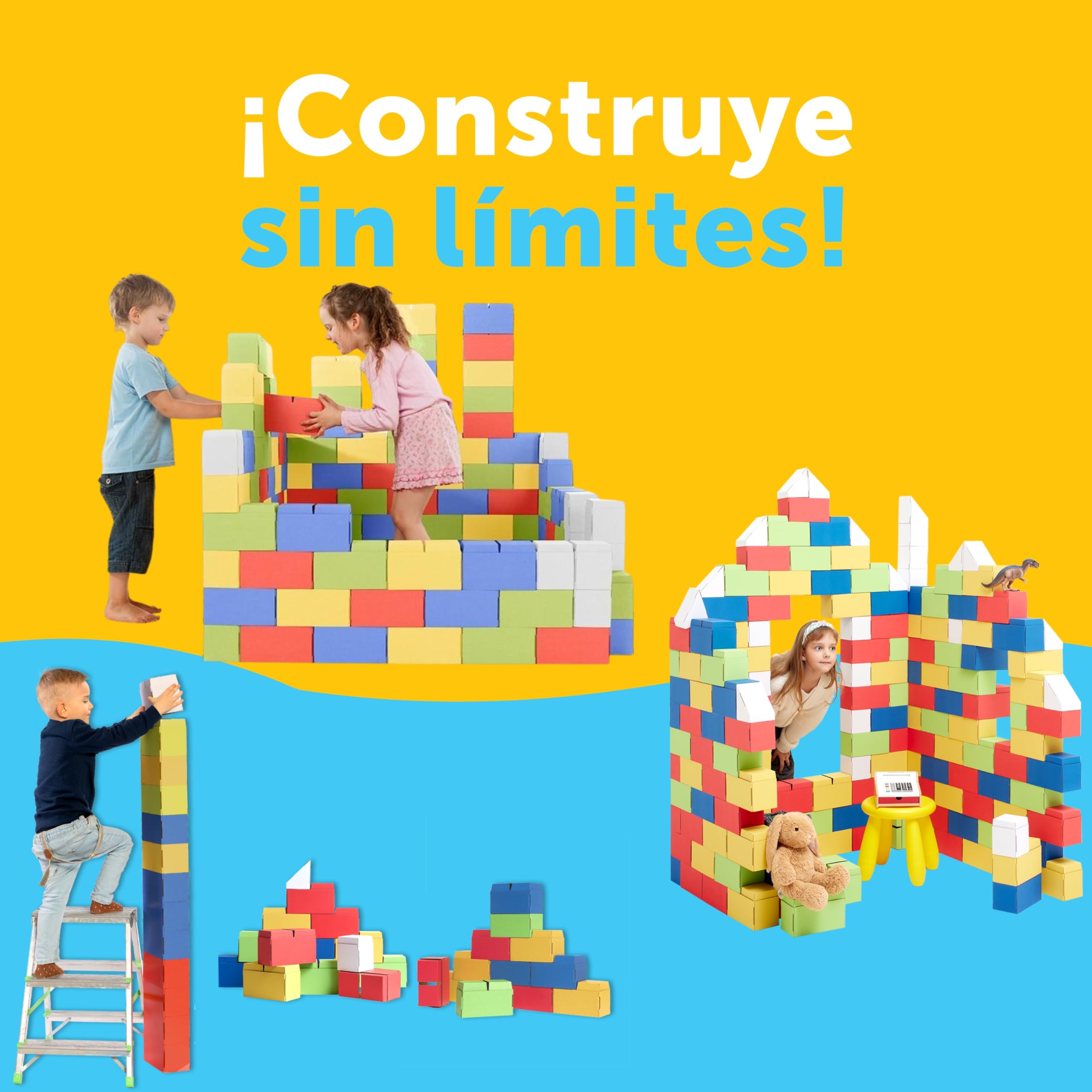 GIGI BLOKS Tamaño XXL 200 Ladrillos de Cartón Colores Encajables y Apilables | Robustos y Fáciles de Montar Grandes Bloques Construccion Niños | Kit Construcción Fuerte Niños | Juegos Educativos