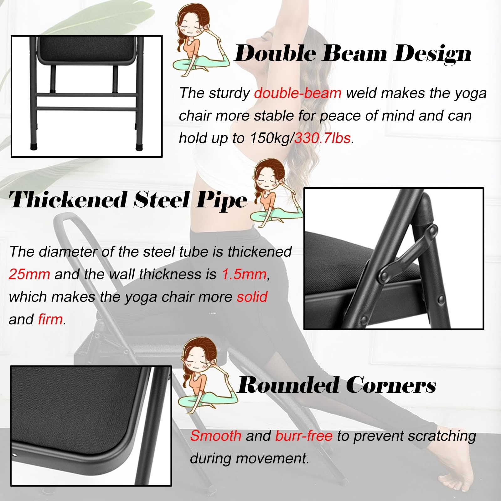Sedia yoga Sedia Yoga Pieghevole Con Supporto Lombare Rimovibile, Strumento Di Allenamento Per L'inversione Dell'equilibrio Con Cuscino In PU, Sedia Yoga Per Esercizi Per La Vita/ I Glutei(Black)