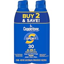 Coppertone SPORT Sunscreen Spray SPF 30, Value Pack, 2 x 5.5 FL OZ | Spray Sunscreen Broad Spectrum SPF 30, Sweat, Heat and Water Resistant, PABA, Oxybenzone, Octinoxate, Paraben and Dye Free