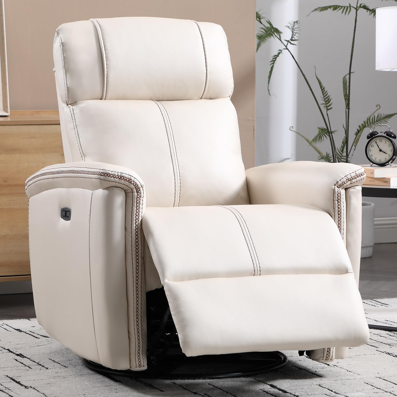 CANMOVPower Swivel Rocker Recliner Chair for Adults, Electric Swivel Glider Rocker Recliner for Nursery with USB Port, Faux Leather Upholstered Reclining Sofa Chair for Living Room,White