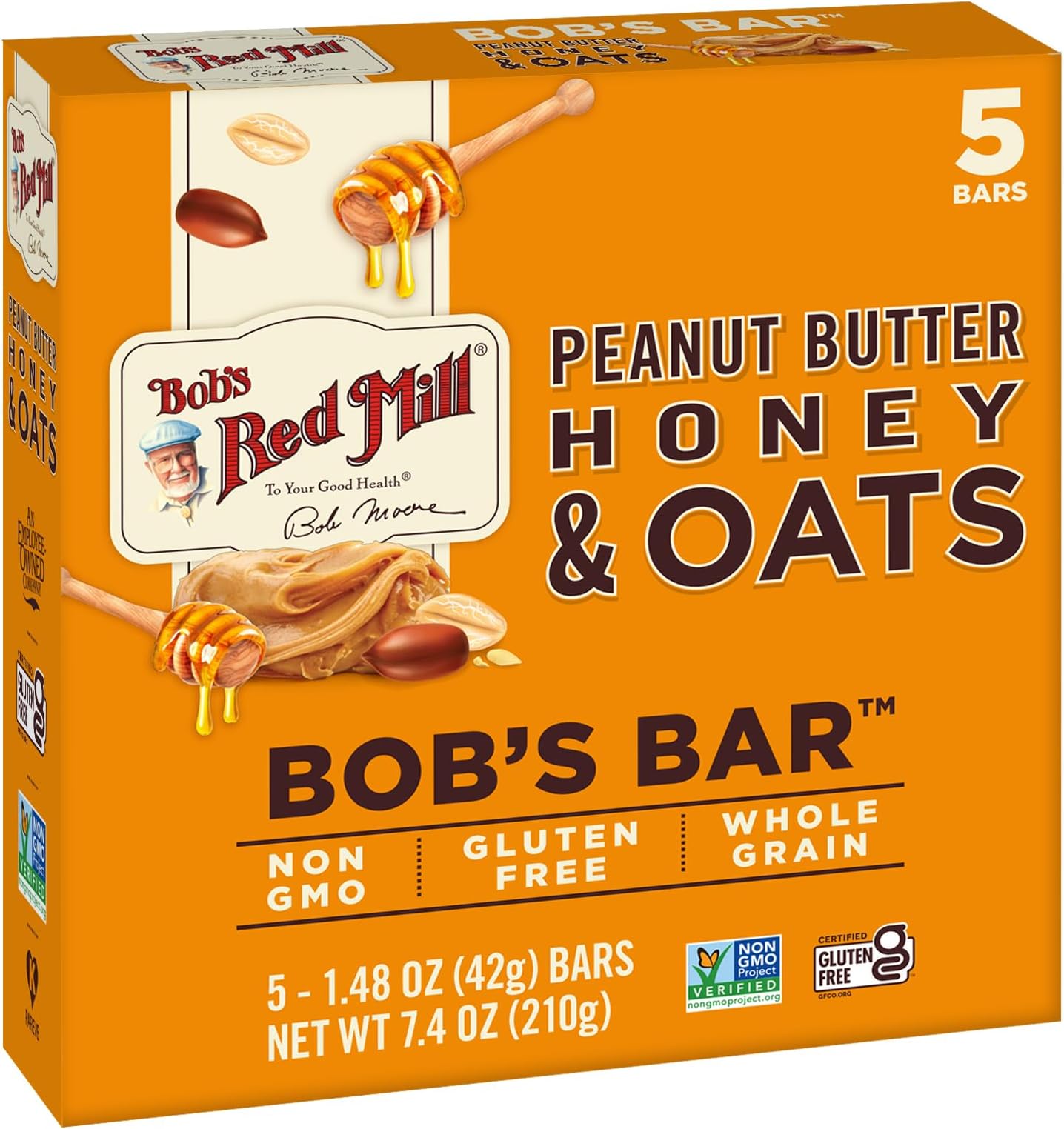 5pk PB Honey & Oats Bar, 5 bars (Pack of 1) - Non GMO, Gluten Free, Kosher