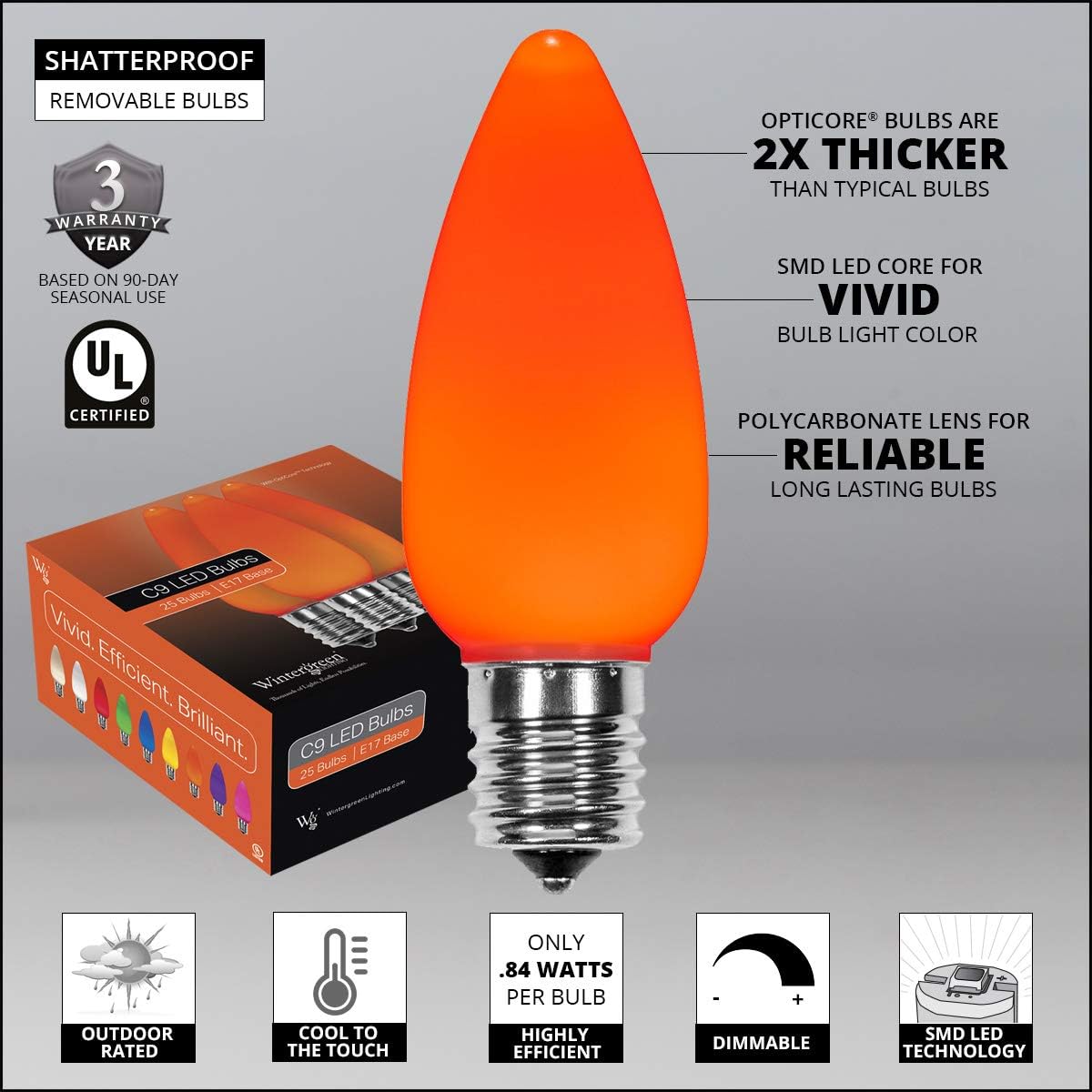 25 Orange C9 Halloween Roofline Lights – 25 ft OptiCore Commercial Grade Outdoor String, Smooth Opaque Bulbs, Heavy Duty Fall & Halloween Lighting