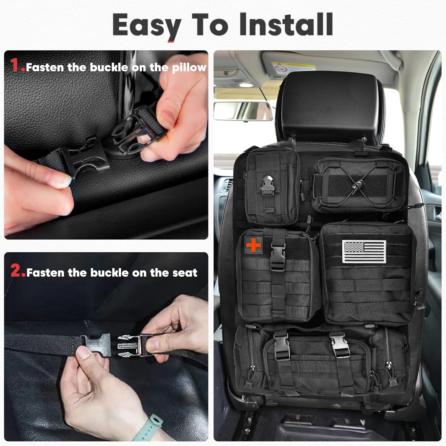 Molle Organizer na oparcie fotela samochodowego z 5 zdejmowanymi torbami Molle, do samochodów ciężarowych (czarny)
