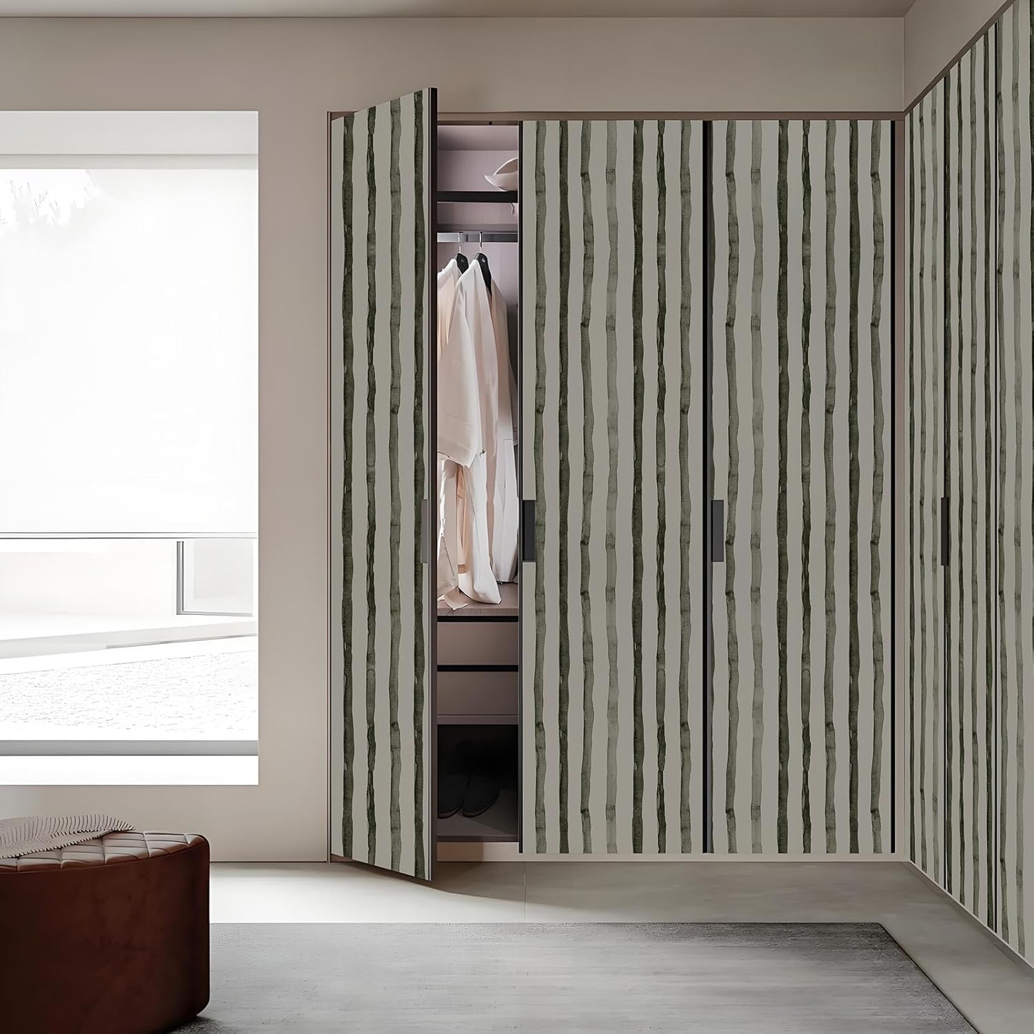 Dark Green Striped Peel and Stick Wallpaper Removable Self-Adhesive Vinyl Wrap Waterproof Coastal Contact Paper Roll Vintage Boho Decor for Countertop Bathroom Bedroom 17.7”x196.8”