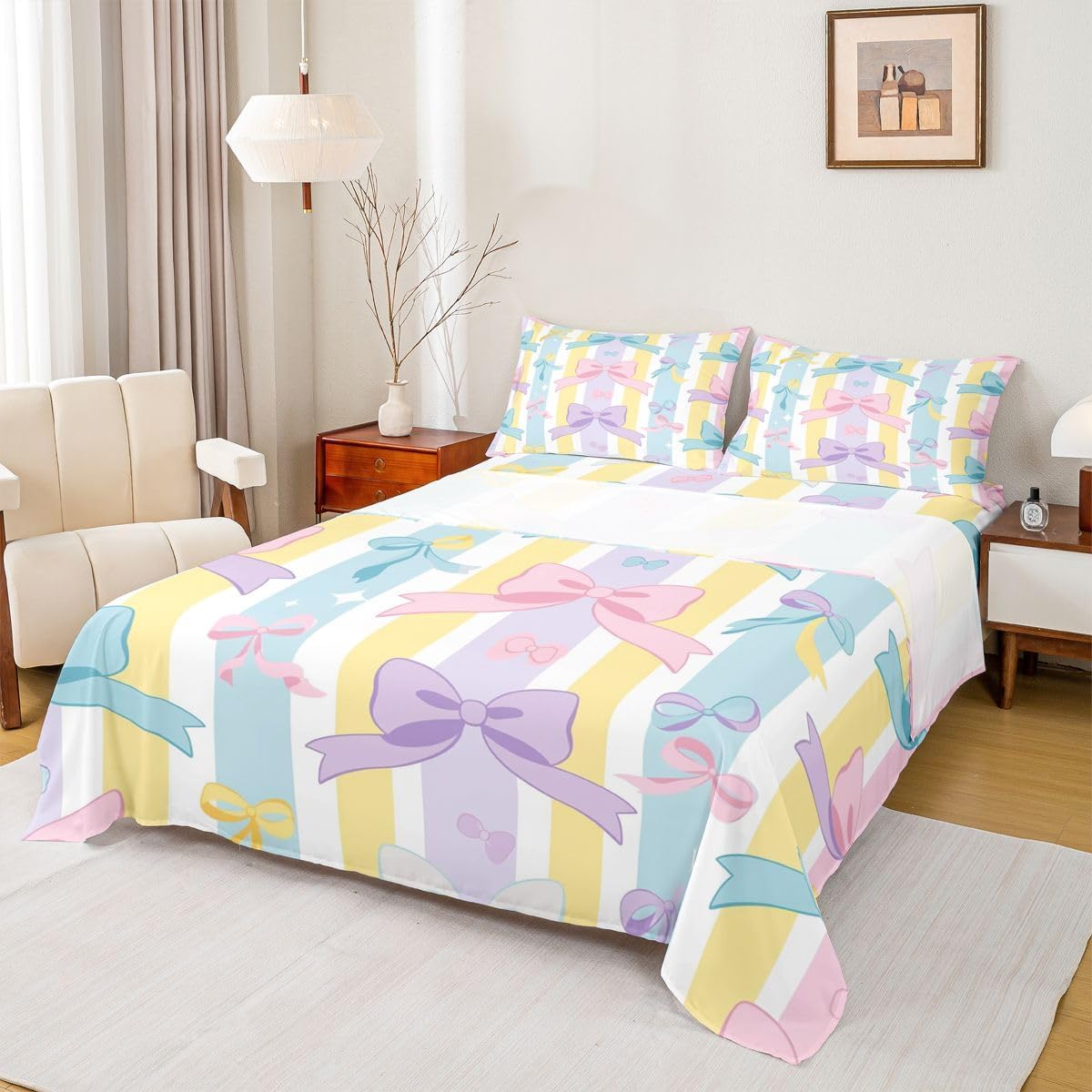 Rainbow Bow Sheet Set Princess Bowknot Twin Sheets Set for Toddler Boys | Watercolor Ribbon Bow Tie Dreamy Colorful Bowknot Fitted Sheet,Kawaii Room Decor Aesthetic