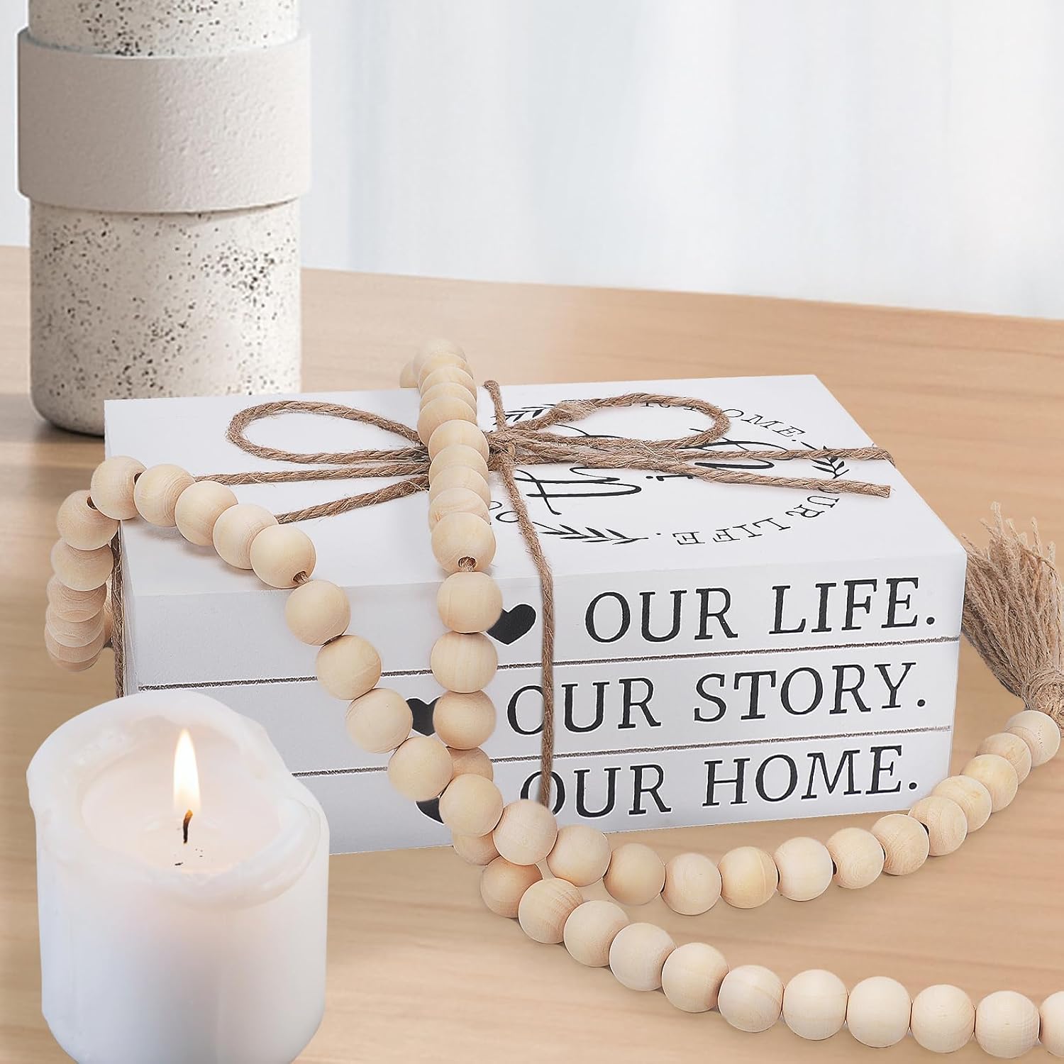 Decorative Books for Home Decor, Faux Books for Decoration, Rustic Farmhouse Decor, Fake Books with 52in Wood Beads Garland, Book Decor for Living Room Coffee Table (Our Life, Our Story, Our Home)