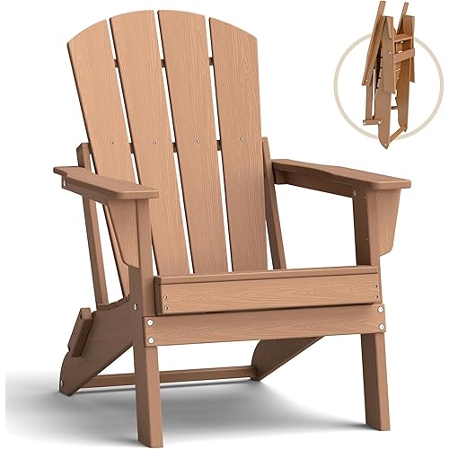 Folding Adirondack Chair, Lightweight & Portable HDPE Patio Chair, All-Weather Space-Saving Foldable Fire Pit Seating for Camping, Backyard, Deck-Cedar