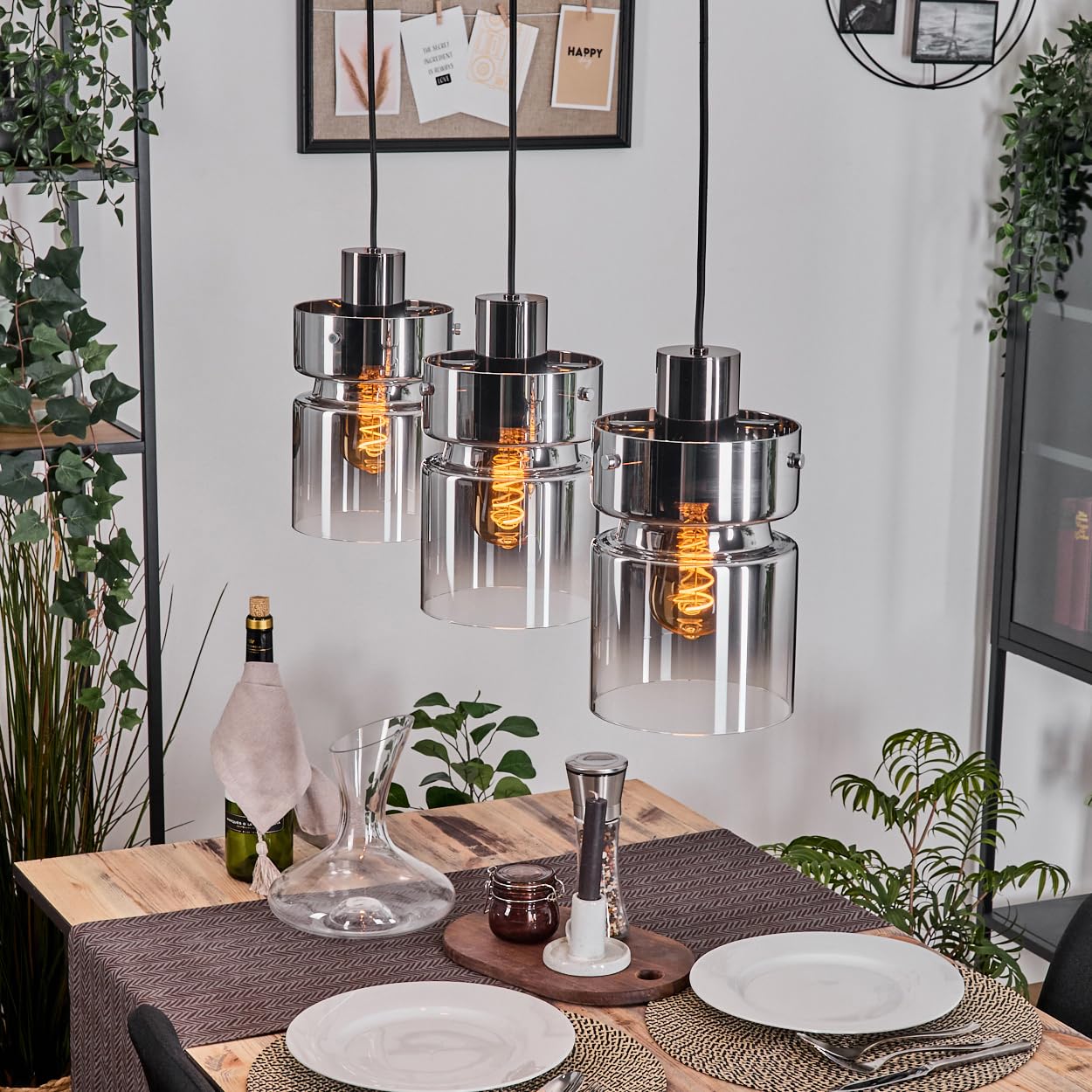 HOFSTEIN Hasvik pendant lamp, 3-burner metal/glass pendant lamp in black/chrome/smoke/clear, vintage design (Ø 15cm), E27, pendant lamp height adjustable up to 150cm, dining room, living room, kitchen