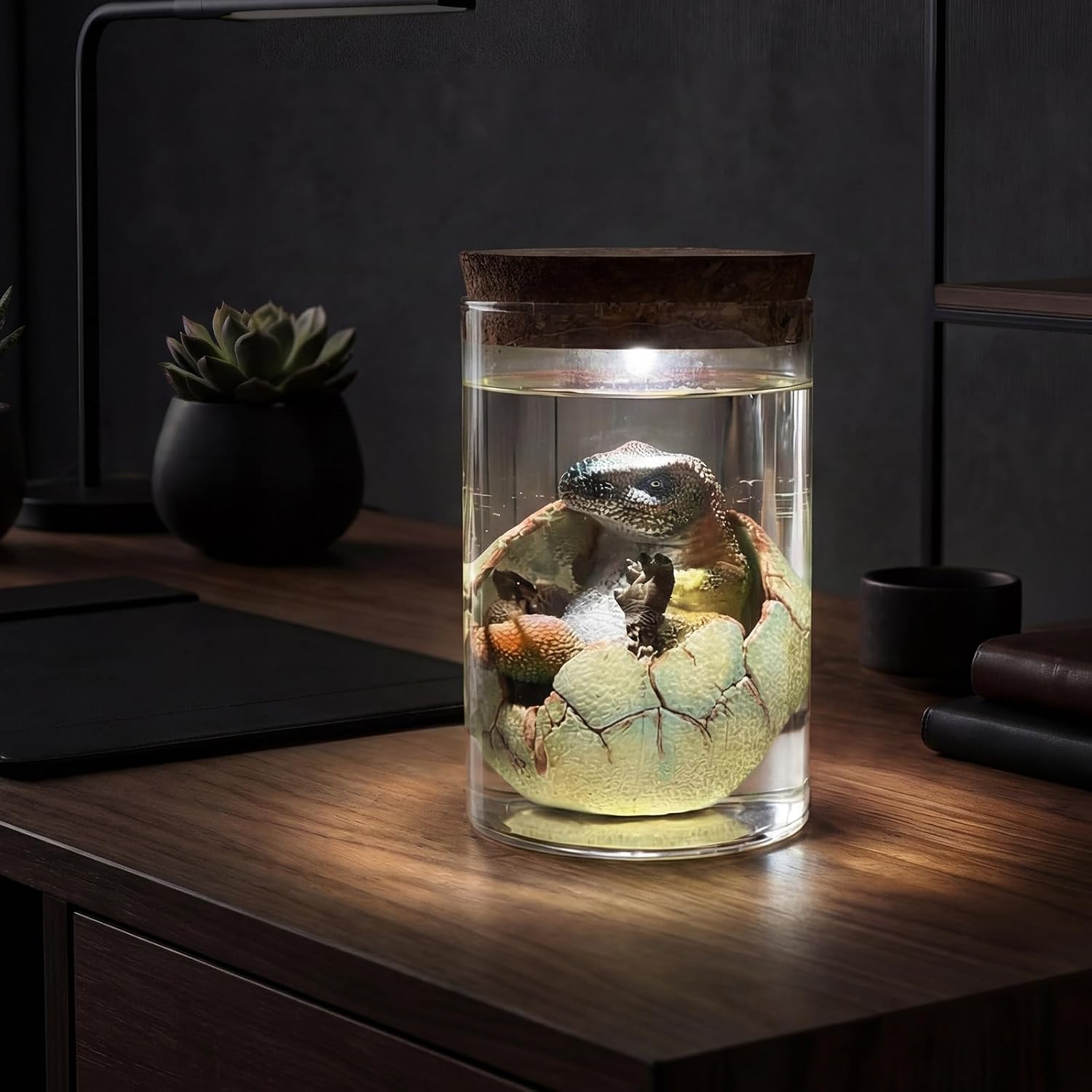 LED Dinosaur Egg Hatchling in Glass Jar, Resin Dinosaur Figurine Night Light for Home Bedroom Desk Decor (Tyrannosaurus Rex)