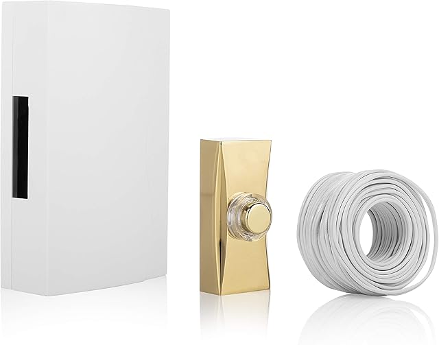 Byron Door Chime & Bell Push, Traditional Ding Dong Sound, Brass Coated Bell Push, 5 Meter Bell Wire