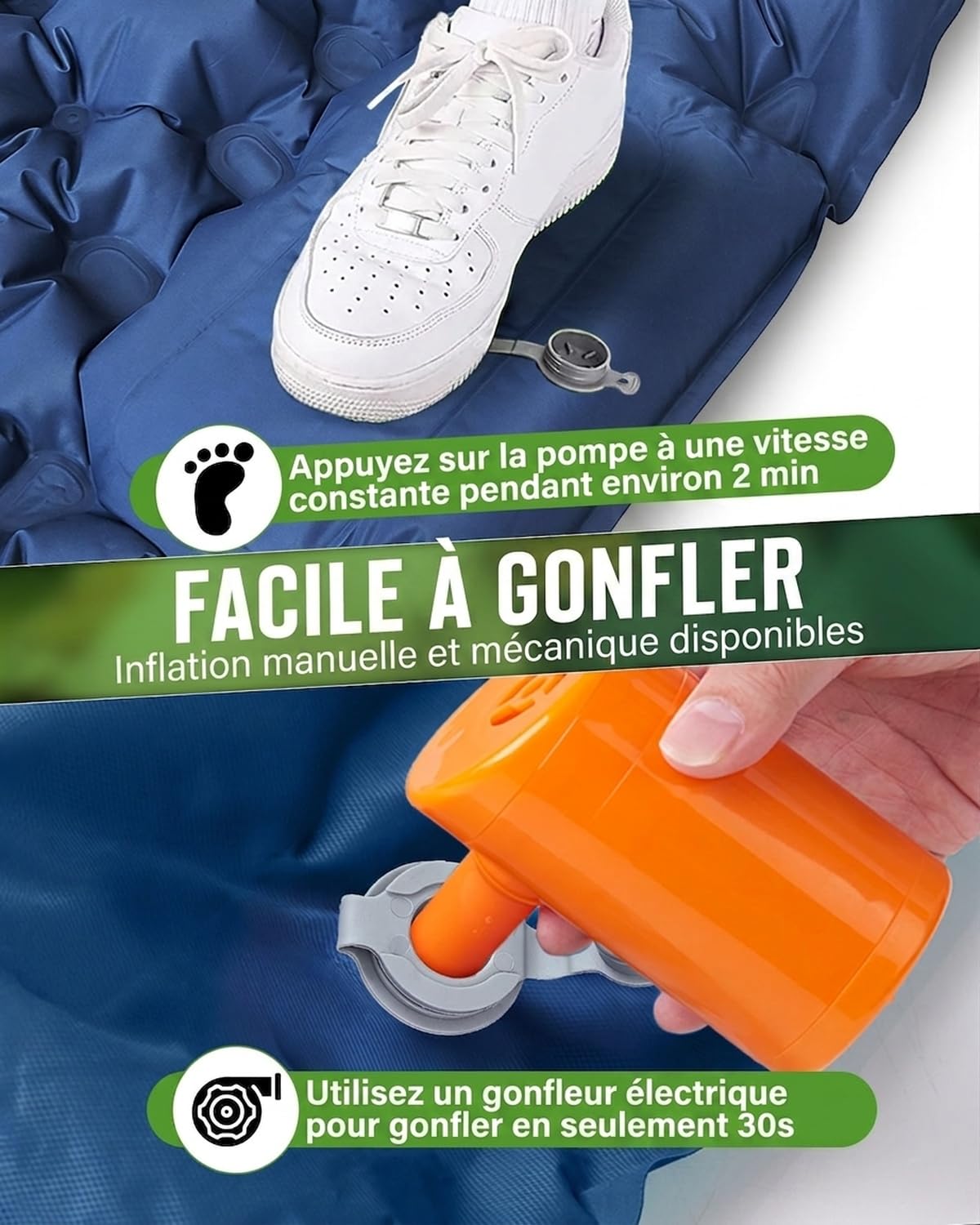 Matelas Gonflable 2 Personnes Camping Autogonflant avec Pompe à Pied et Oreillers Intégrés Imperméable Compact Bleu Marine