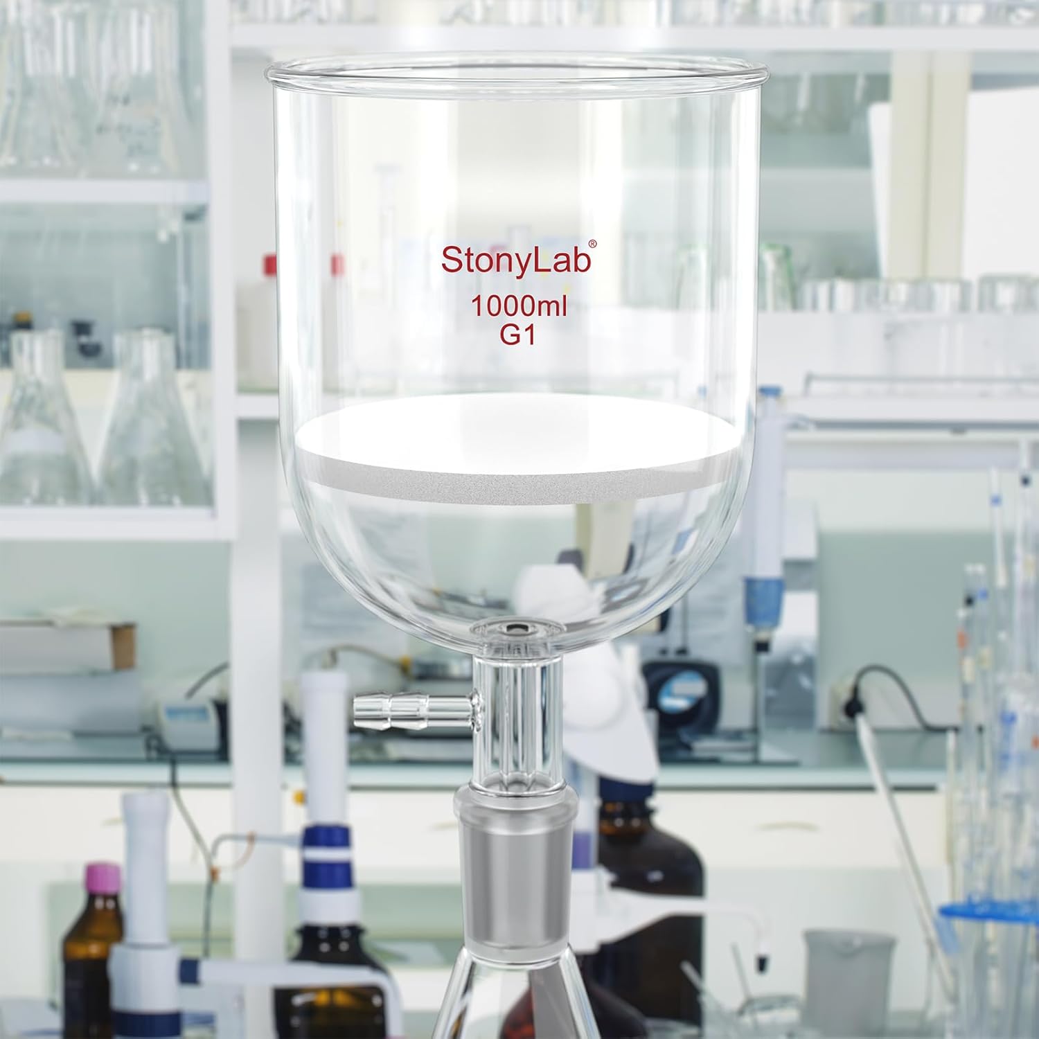 StonyLab Borosilicate Glass Buchner Filtering Funnel with Coarse Frit(G1), 113mm Inner-Diameter, 110mm Depth, with 24/40 Standard Taper Inner Joint and Vacuum Serrated Tubulation (1000ml)