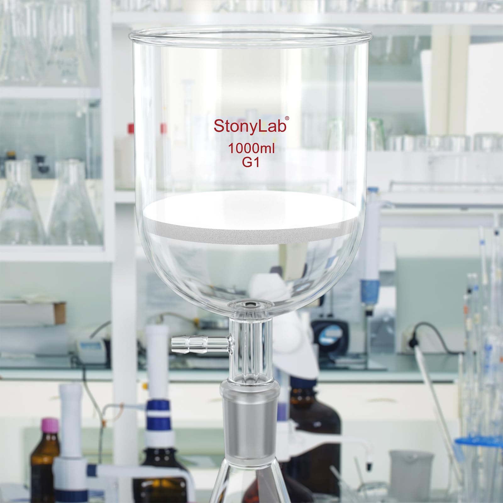 StonyLab Vetro Borosilicato Imbuto Filtrante Buchner con Fritta Grossolana (G1), Buchner Funnel con Diametro Interno 113mm, Profondità 110 mm, con Giunto 24/40 e Tubazione Dentata sotto Vuoto, 1000ml