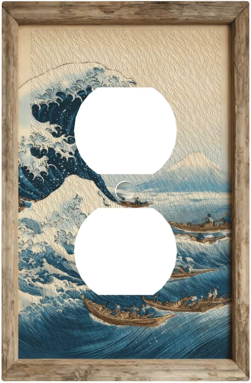 Vintage Framed Great Wave Ukiyo Duplex Outlet Cover Plate