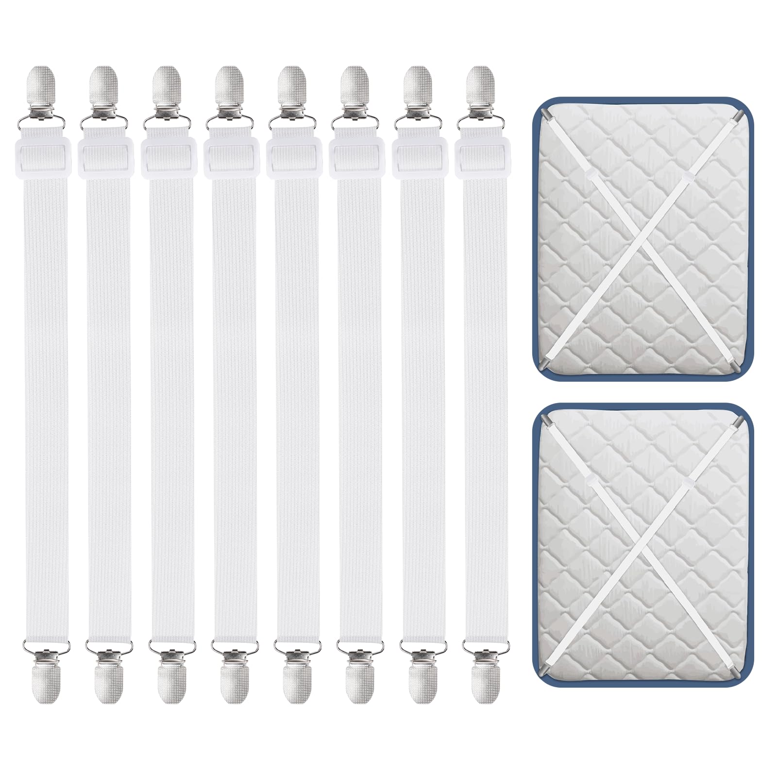 Carehabi 8 Piezas Sujetadores para Sábanas, Sujetadores de Hojas, Ajustables Elásticos Correas Cama Clips para Sábanas o Sofás, Blanco (Extender 30-120 cm)