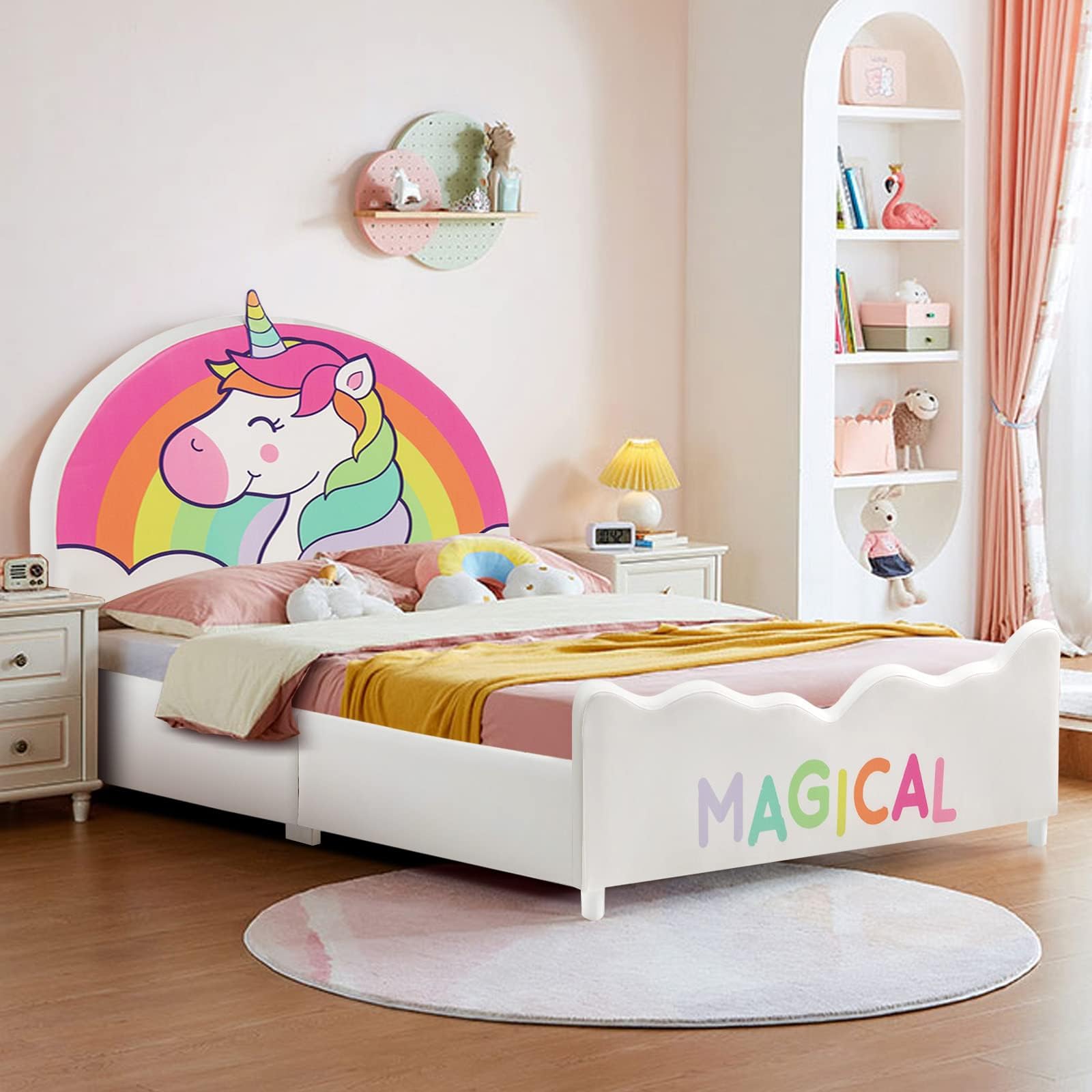 Twin Bed Frames for Kids, Wood Upholstered Twin Bed Platform with Slat Support, Padded Headboard&Footboard, No Box Spring Needed, Easy Assembly, Fits Standard Twin Mattress (Rainbow)